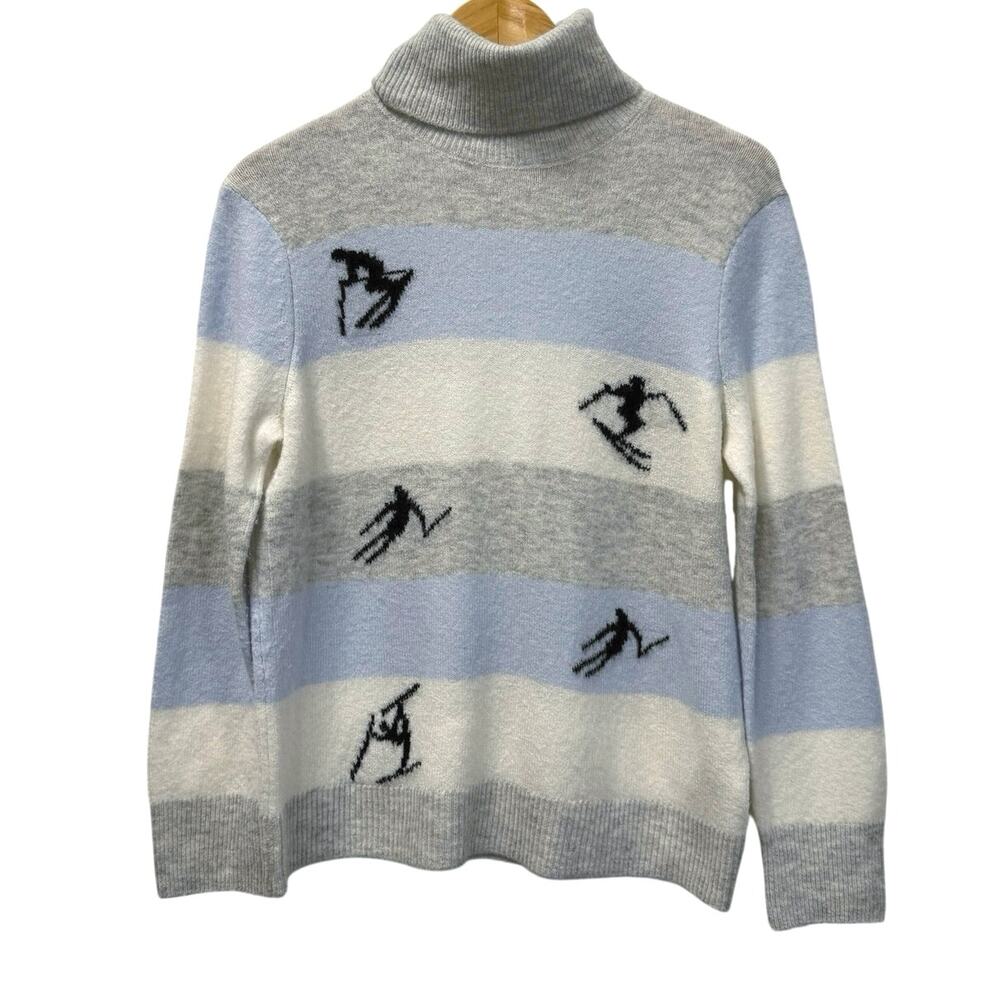 Ce Ce woman's sweater striped in blue white and grey with ski patterns size M